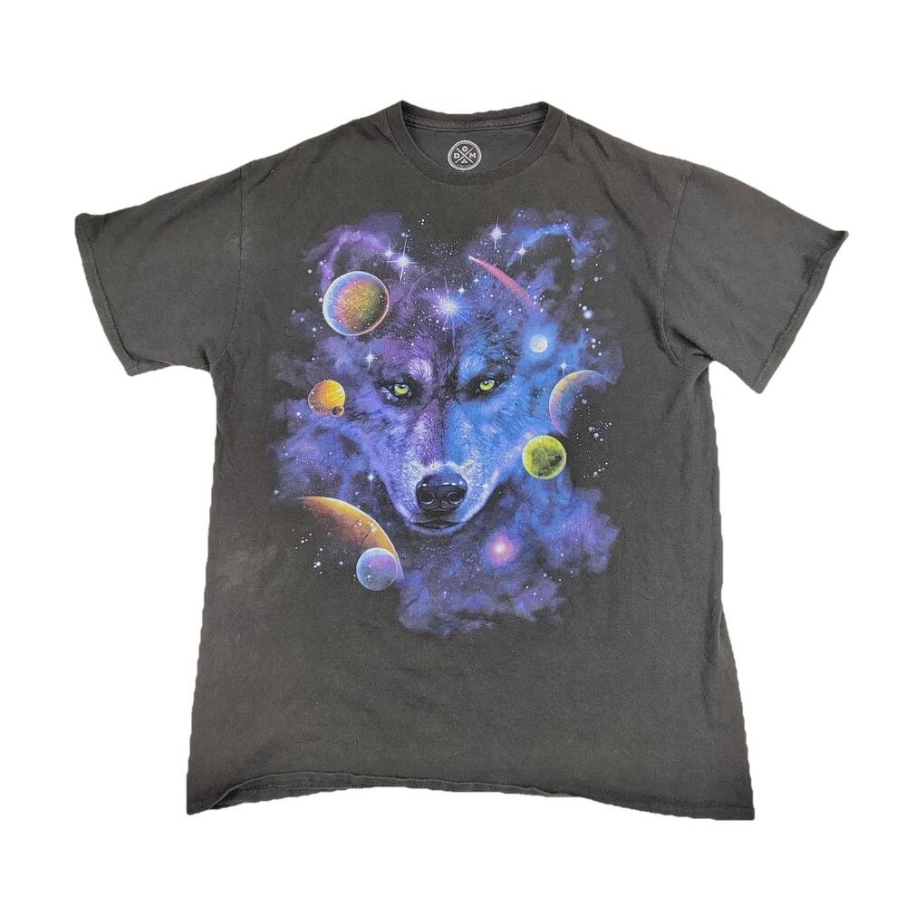 Shirt Mens Large Black Wolf Galaxy Space Graphic Tee Tagless Crew Neck T-Shirt